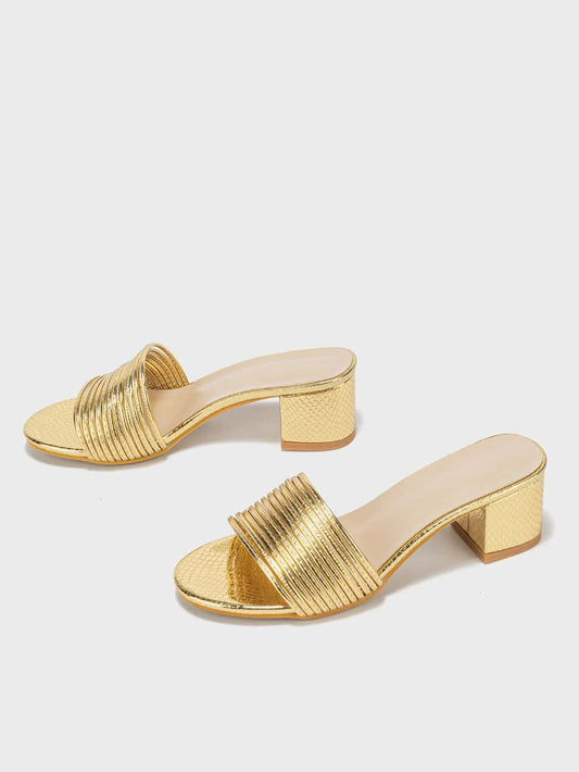 Gold Mid Heel Mule Sandals, Metallic Snake Embossed Faux Leather Open Toe Block Heels Spring Summer Outdoor Ladies Footwear